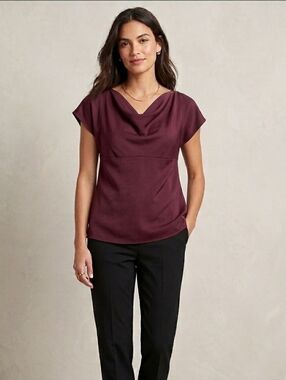 Ann Taylor NWT Silk Cowl Neck Drape Short Sleeve Blouse In Plum Burgundy Size 6